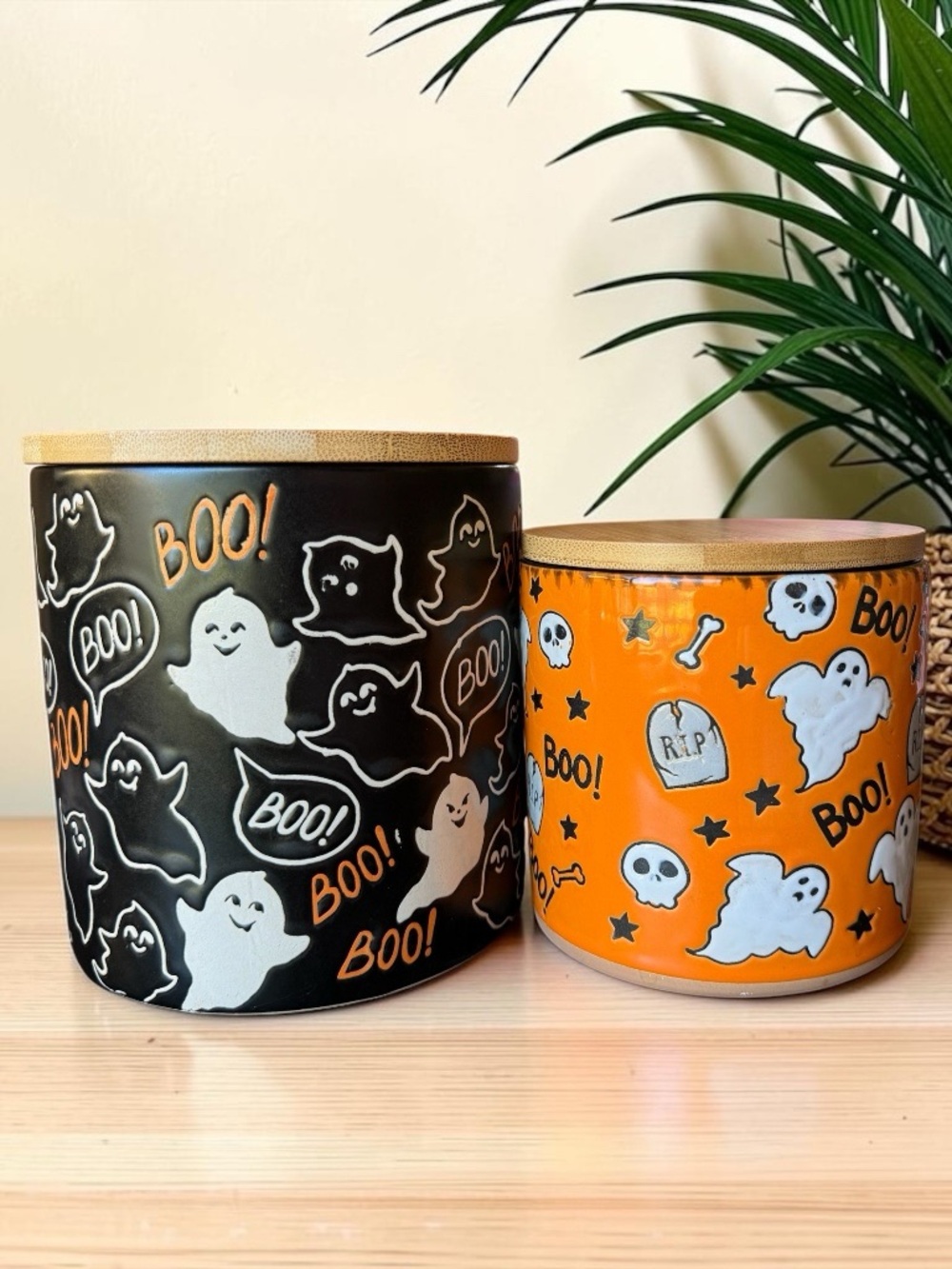 Eli + Ana Halloween Ghost Ceramic Canister Set of 2 with Bamboo Lids - Picture 2 of 10